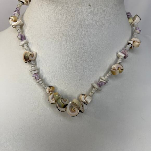 tropical shell necklace beaded light violet off white puca puka faux or real - Picture 2 of 12